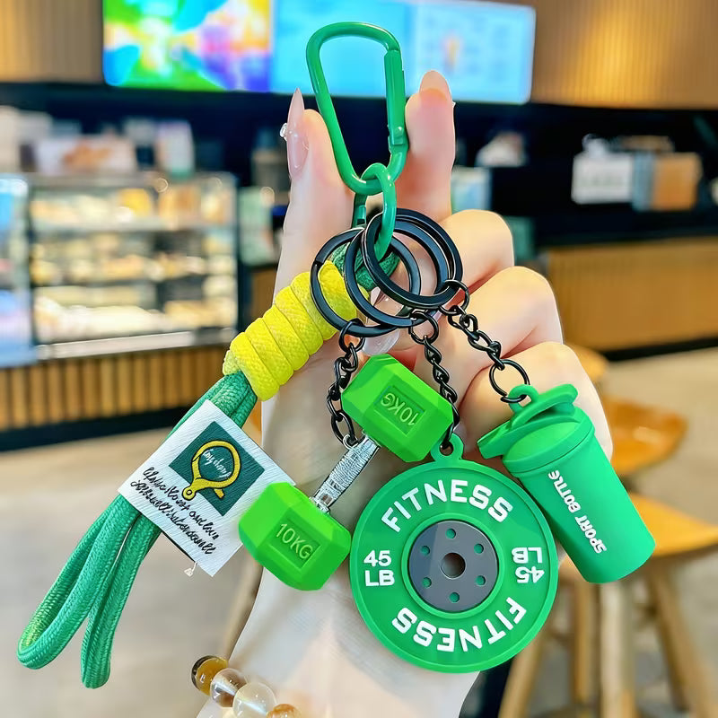 Fitness Dumbbell & Barbell Keychain Set