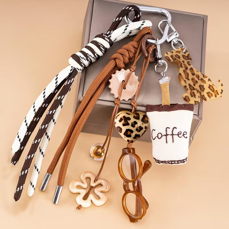 Y2K Leopard Print Coffee Keychain - Retro Puppy Bag Charm