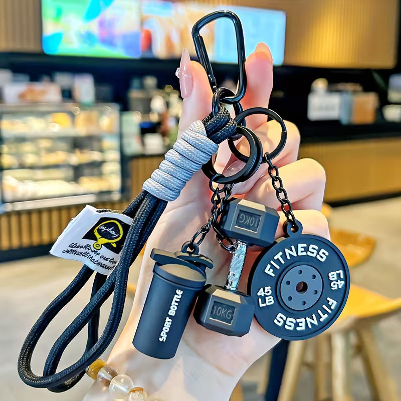 Fitness Dumbbell & Barbell Keychain Set