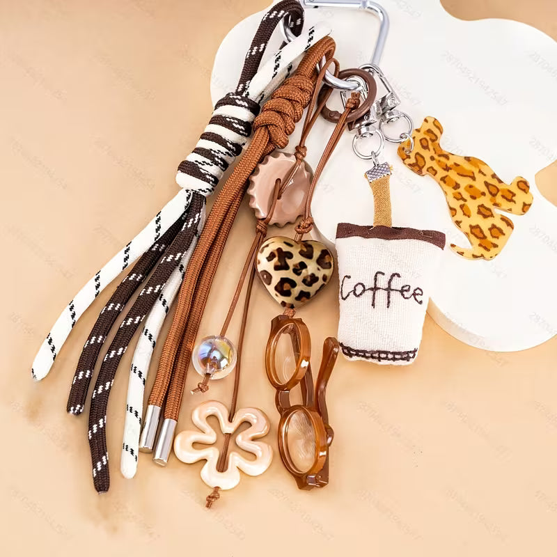Y2K Leopard Print Coffee Keychain - Retro Puppy Bag Charm