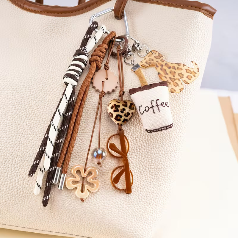 Y2K Leopard Print Coffee Keychain - Retro Puppy Bag Charm