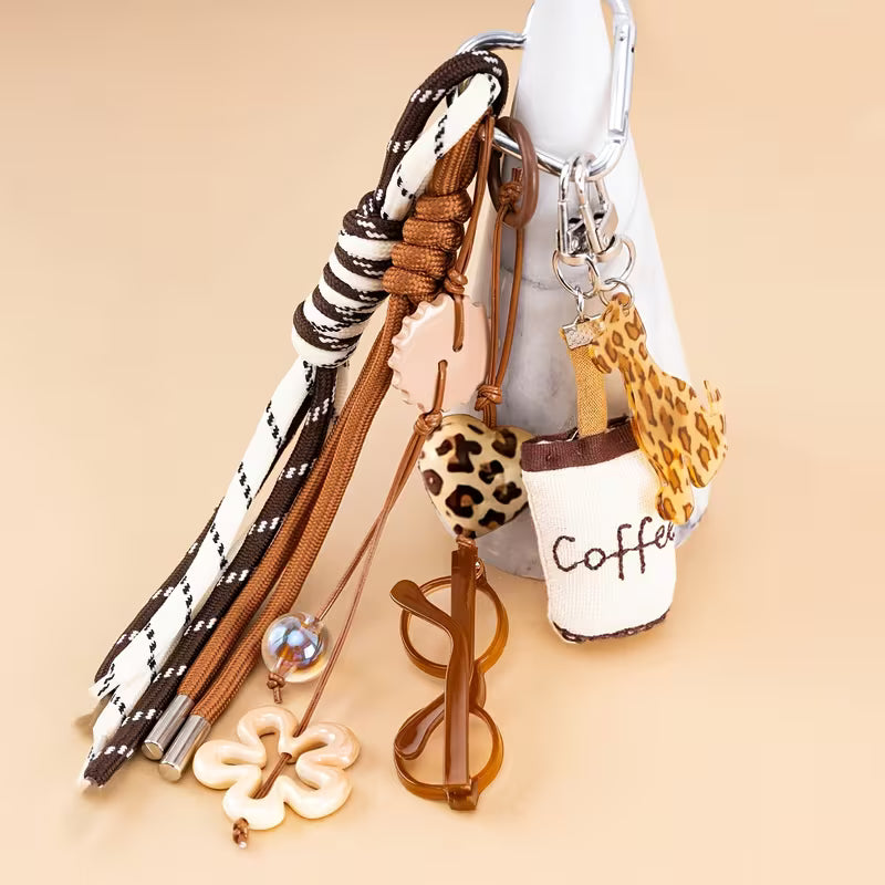 Y2K Leopard Print Coffee Keychain - Retro Puppy Bag Charm