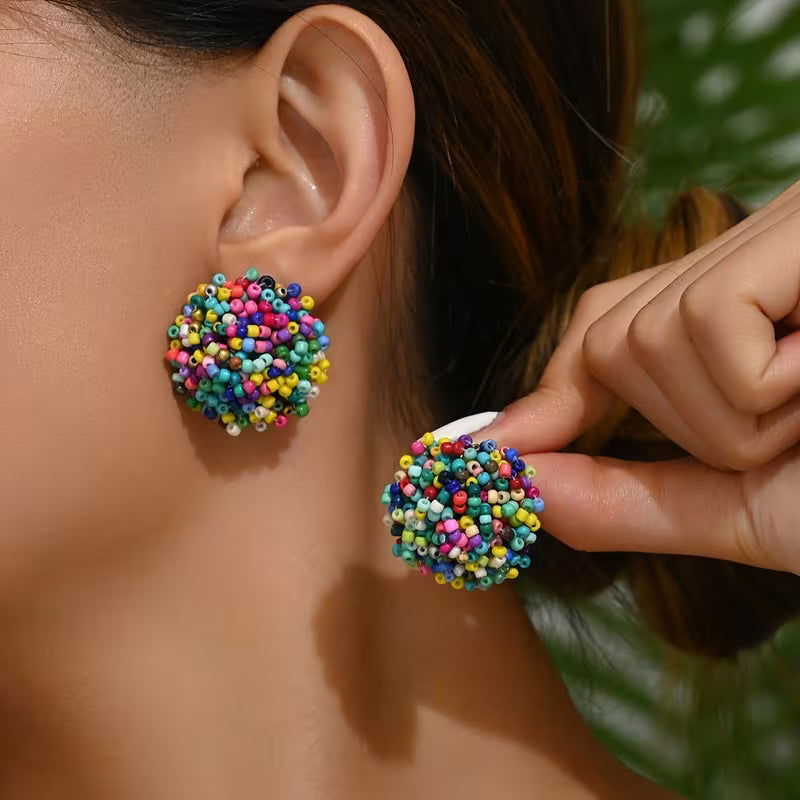 Bohemian Rice Bead Floral Cluster Earrings